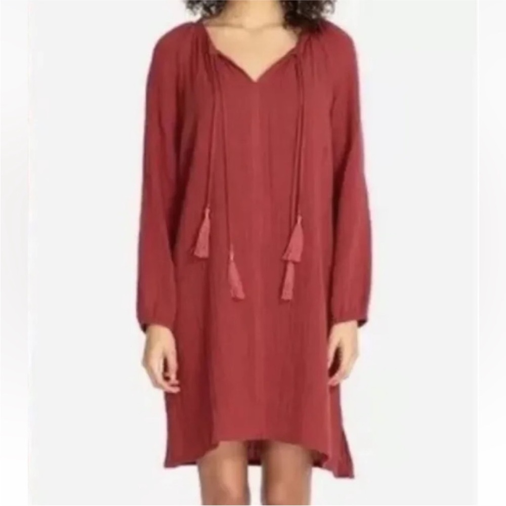 Johnny Was Calme Cotton Tassel Burgundy Red Rust Gauze Boho Shift Dress Size XS
